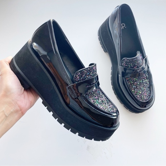 BP. Shilo Black Sparkle Glitter Platform Lug Sole Loafers Y2K 90’s NEW - Picture 1 of 9